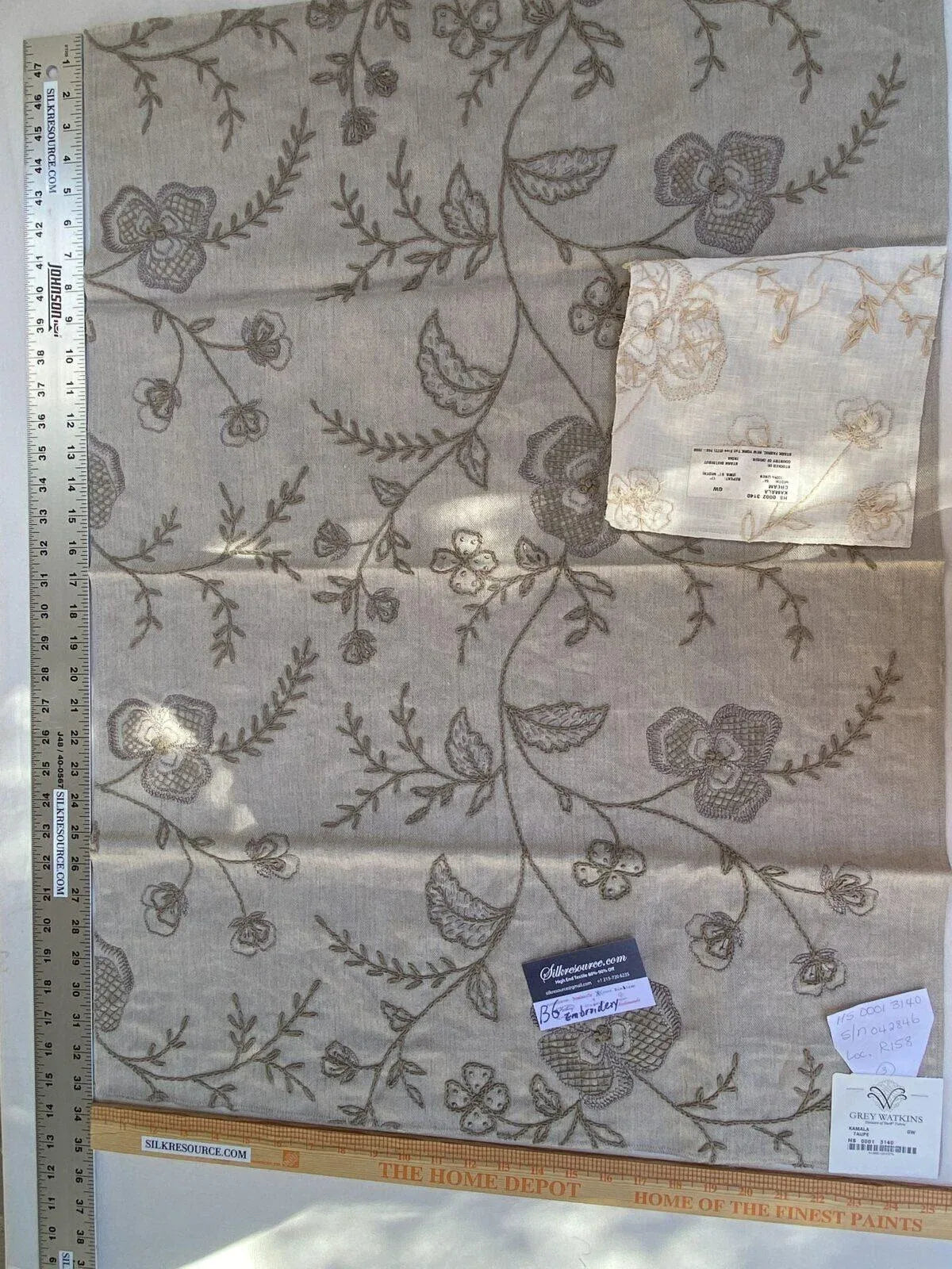 12a Berkbox6 Scalamandre Embroidery Square Kamala Taupe Crewel Floral 25x33" MSRP USD 364/Y (copy) (copy)