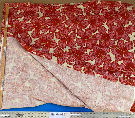 1 BerkBox94 Raoul Textile Line Hand Print Made in US Flower Pattern 1.6Y Botanical Floral White Red Hibiscus 1.8yd MSRP $300+/y