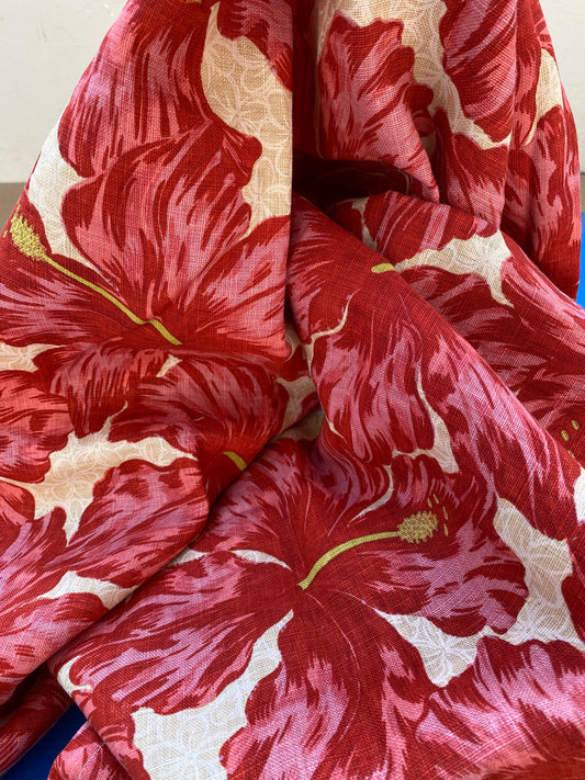 1 BerkBox94 Raoul Textile Line Hand Print Made in US Flower Pattern 1.6Y Botanical Floral White Red Hibiscus 1.8yd MSRP $300+/y