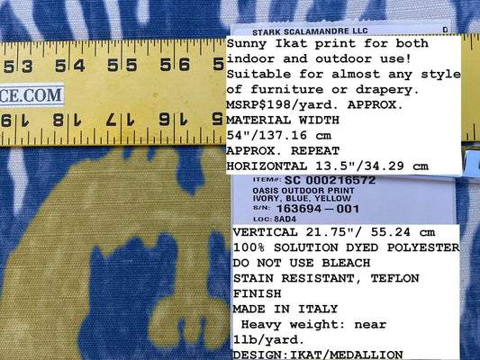 Scalamandre Oasis Outdoor Print Ivory, Blue, Yellow Large Ikat Suzani MSRP USD 198/Y