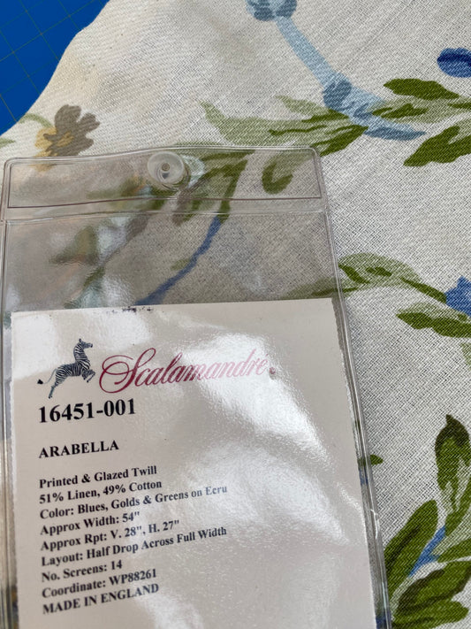 18 BerkBox95 Printed Fabrics by Scalamandre Arabella Print Blues, Golds & Greens Heavy Linen Floral Foliage Neoclassic Scroll Design MSRP USD 400+/Y