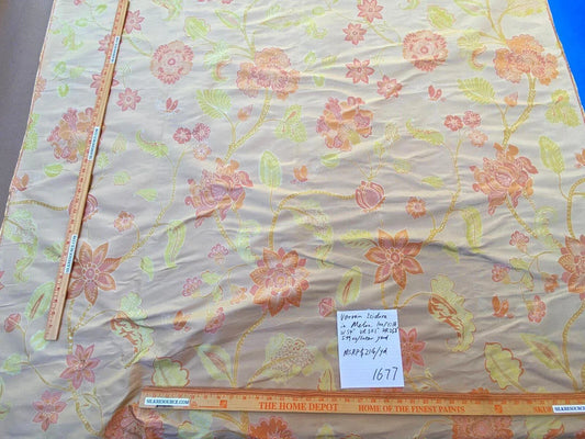 Vervain Fabricut 100% Silk Isidora Romantic Damask In Melon Pink Sparkling MSRP USD 214/Y Orange Green On Warm Gold