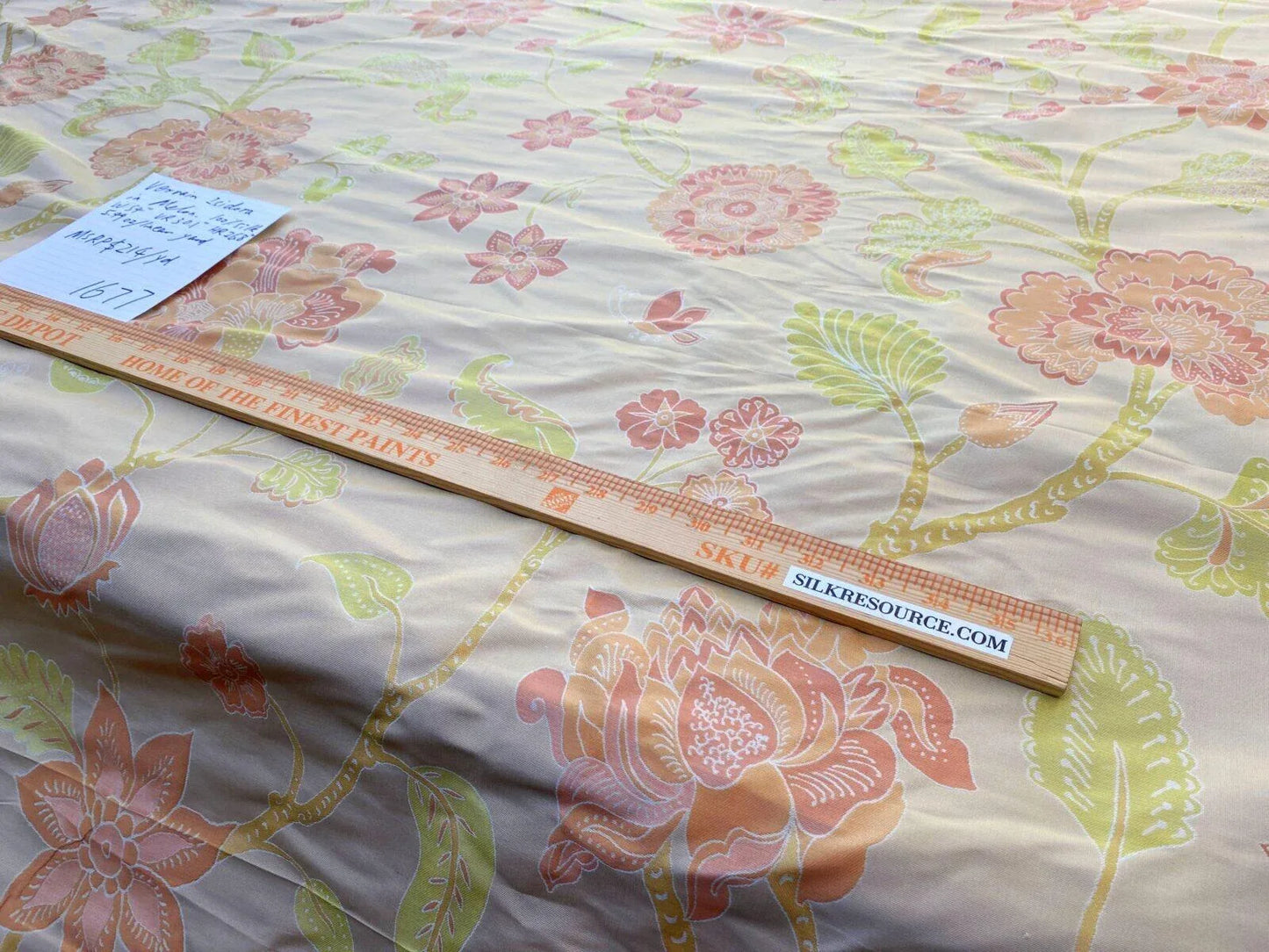 Vervain Fabricut 100% Silk Isidora Romantic Damask In Melon Pink Sparkling MSRP USD 214/Y Orange Green On Warm Gold