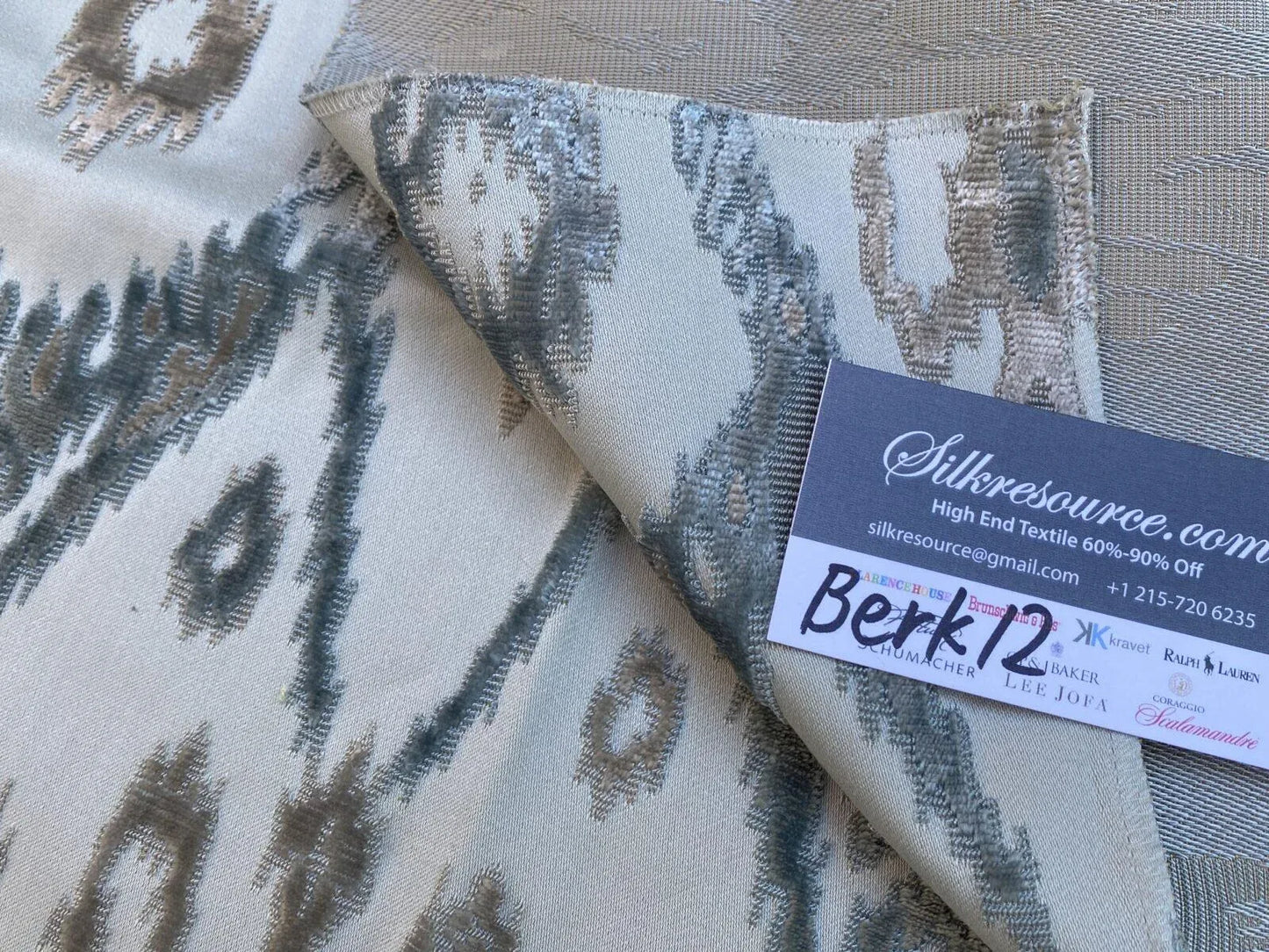 1 Berkbox12 Scalamandre Velvet TAI LAO Blue Cut Velvet Beige Blue Art Deco Ikat MSRP USD 532/Y