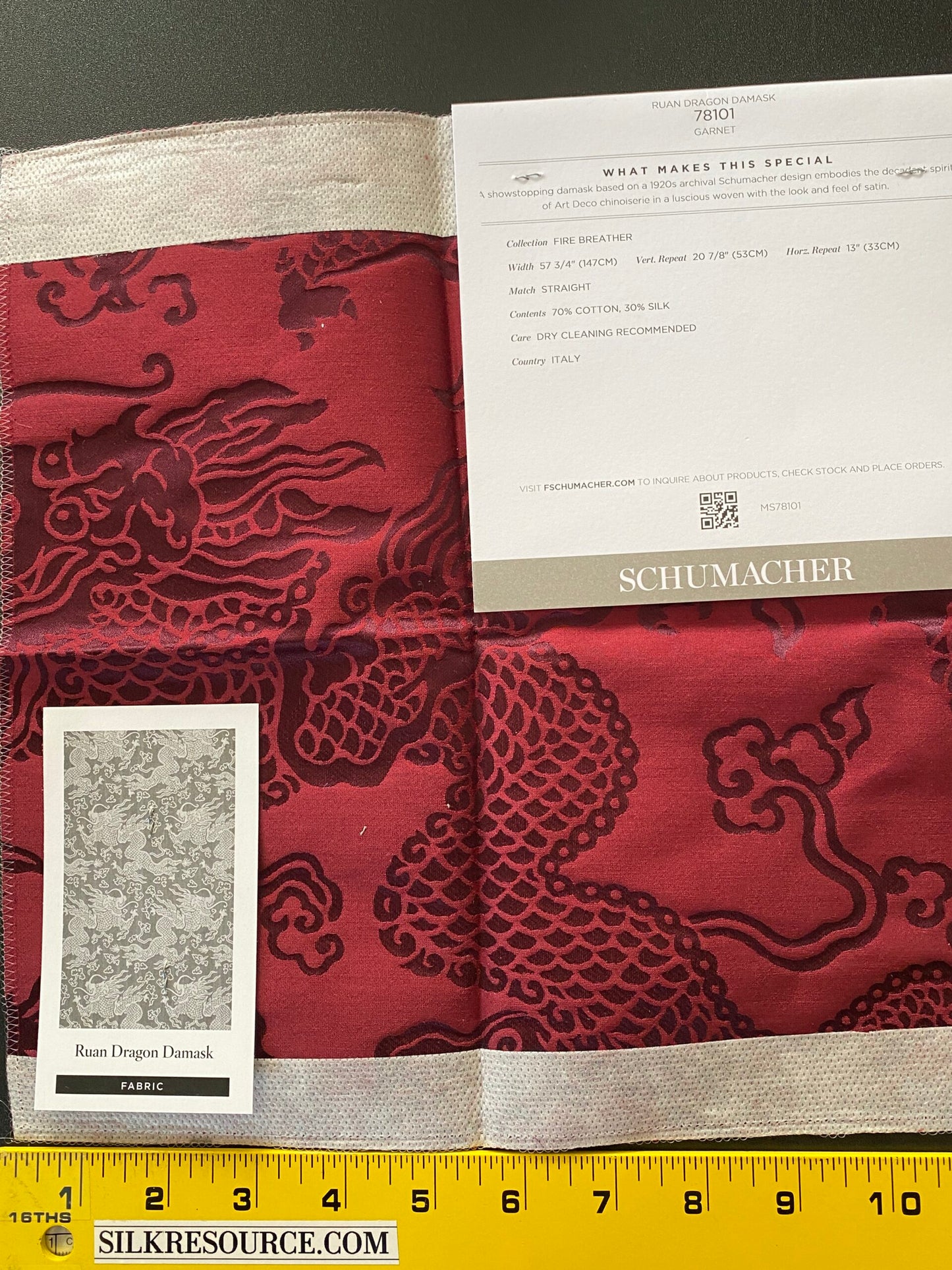 Schumacher Ruan Dragon Damask Garnet Red Art Deco Chinoiserie Satin Cotton MSRP USD 316/y