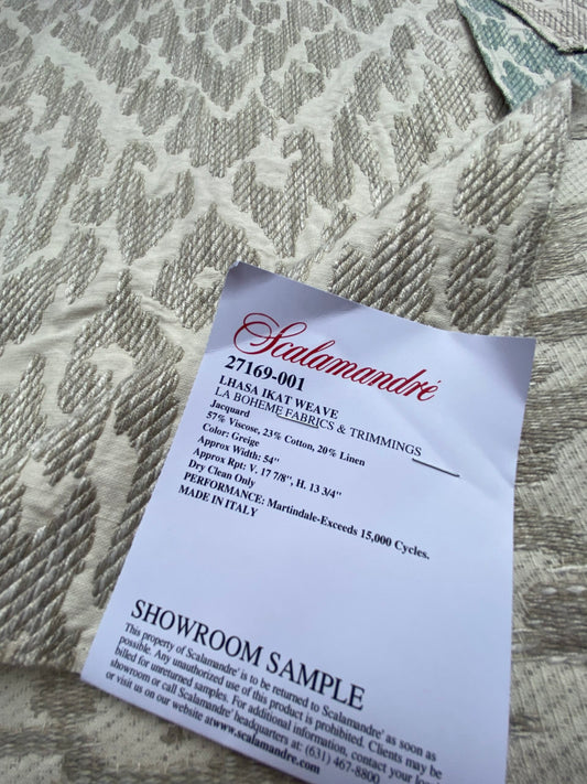 39 Berkbox99 Square Embroidery by Scalamandre Lhasa Ikat Weave Greige Beige Gray and White MSRP USD 362/Y