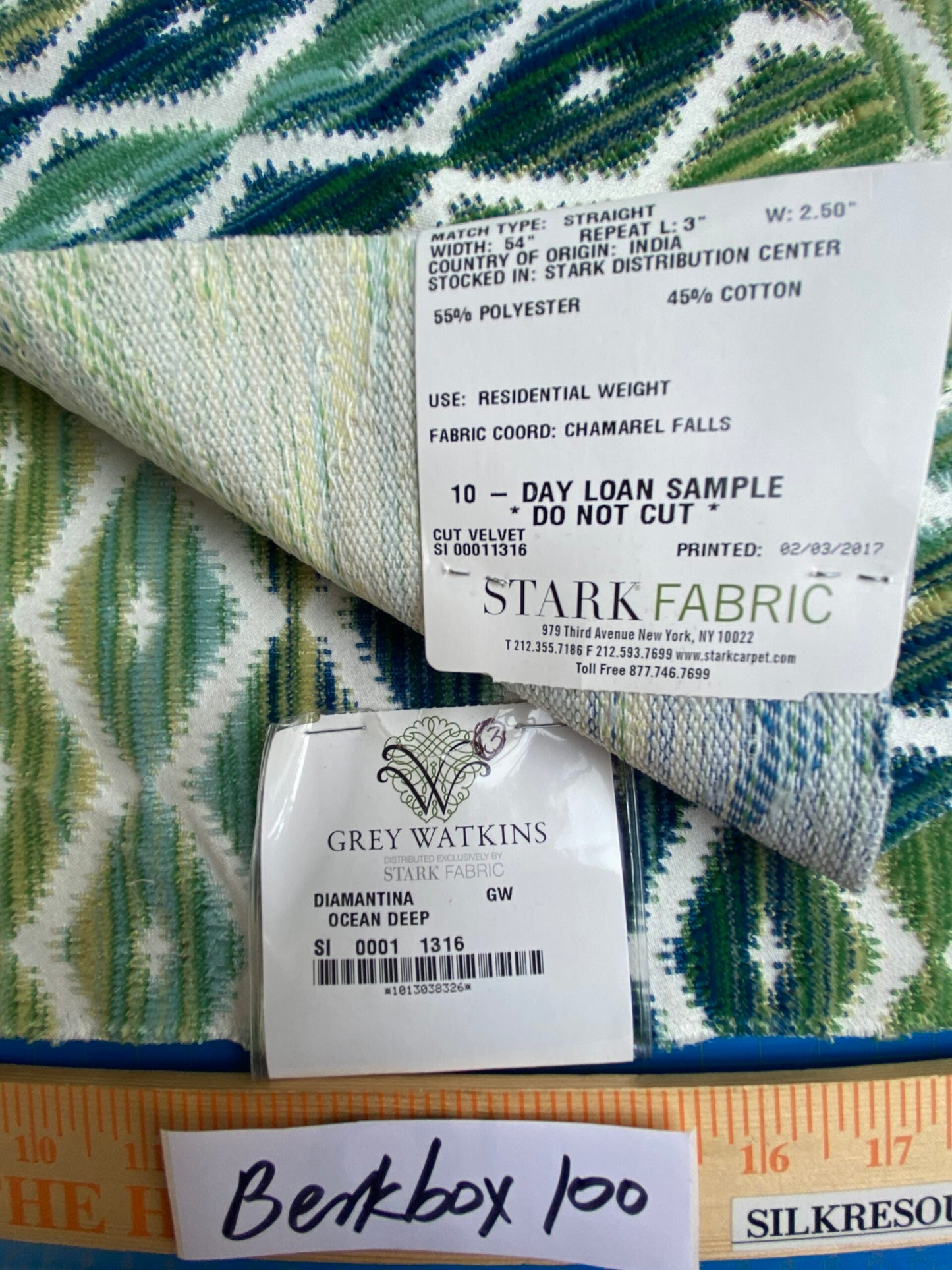 12 Berkbox100 Square Velvet by Grey Watkins Diamantina Ocean Deep Green Diamond Stripe MSRP USD306/y