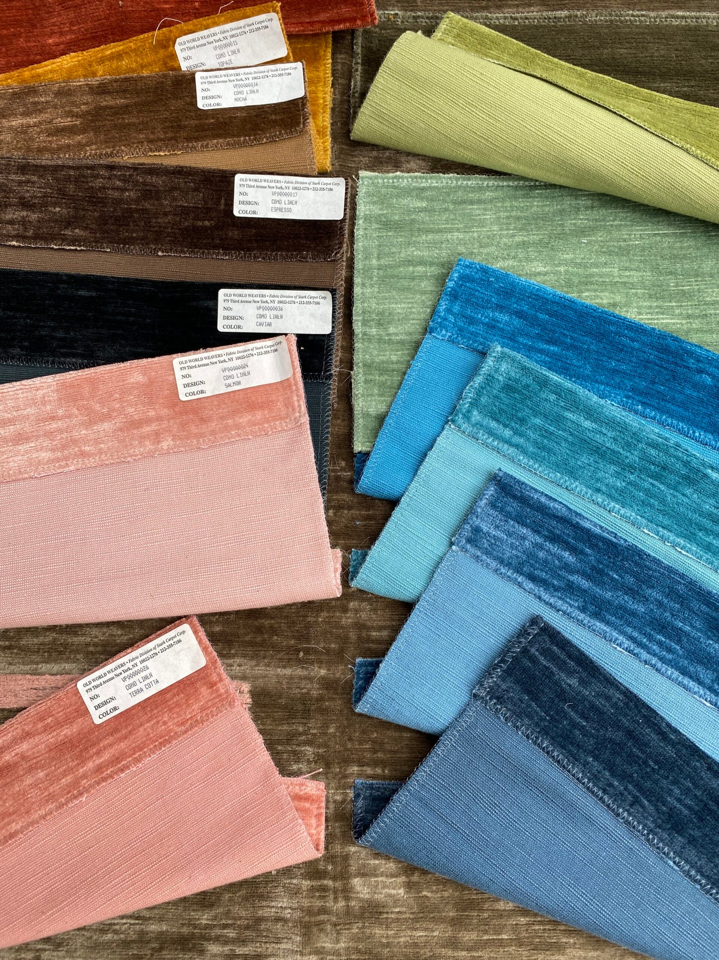 13 Berkbox100 Square Velvet by Old World Weavers Como Linen Smokey Quartz 1.6Yx 26"wide+ 19 pieces of 7" x 12"w in Different Colorways MSRP USD354/y