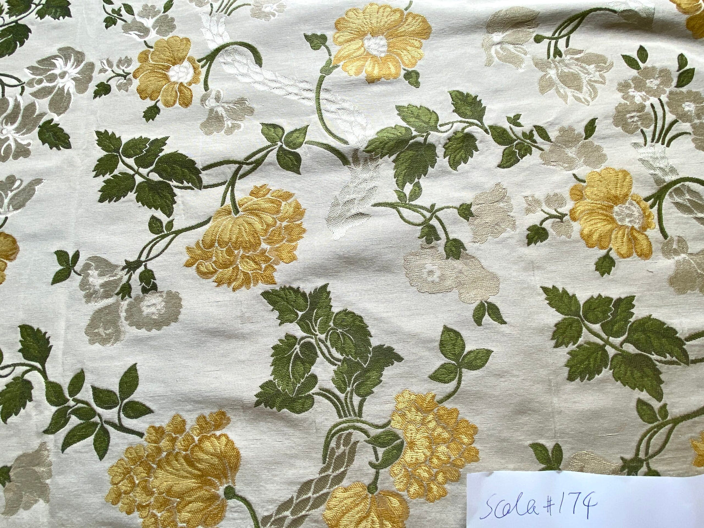 By Yard Scalamandre Fil Coupe Ecru Tan Yellow Golden Sunflower Daisy Green Vine on Warm Beige Silky