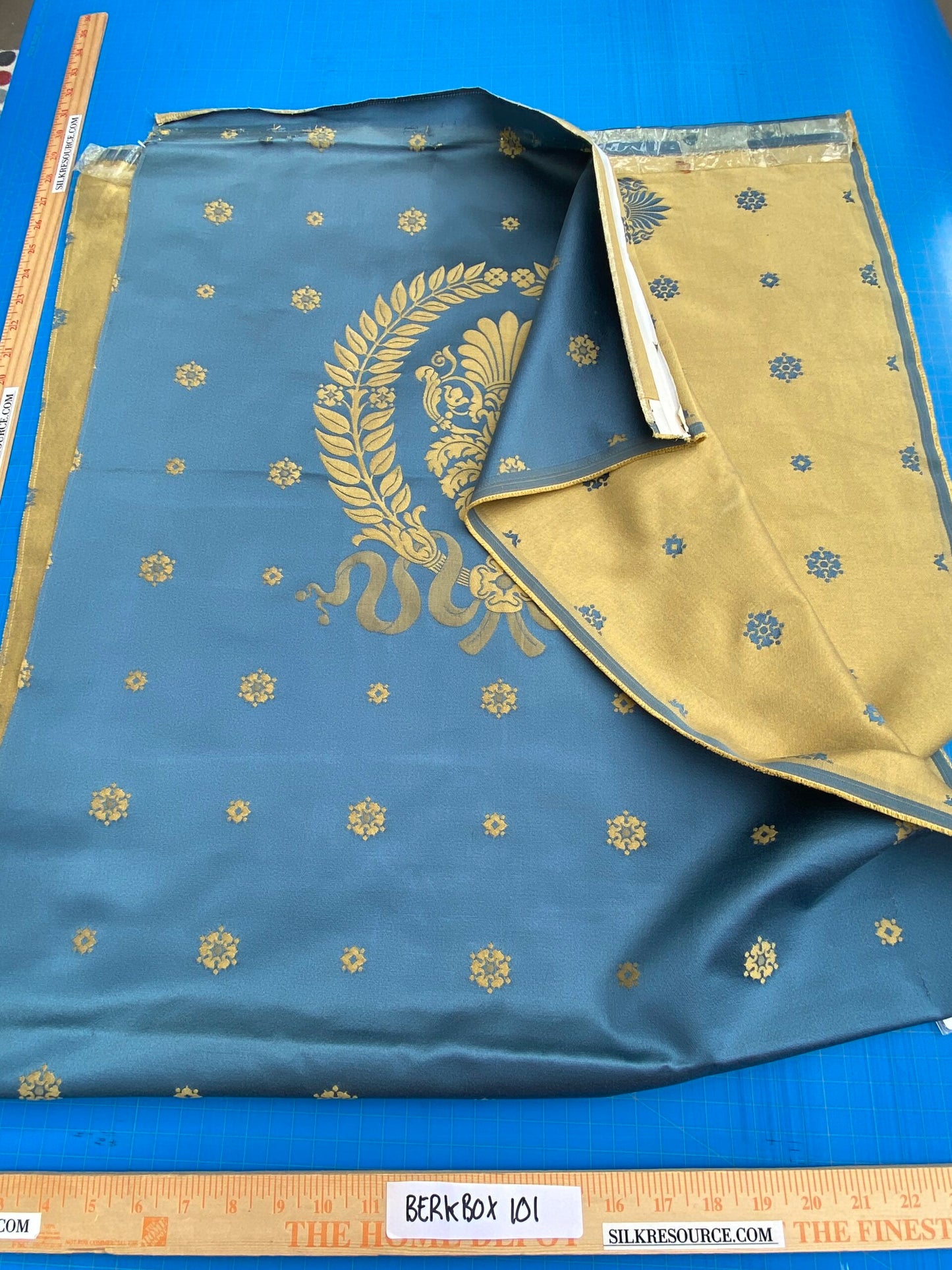 5 Berkbox101 Square Silk by Lelievre Paris Gericault Seat and Back Bleu Blue Gold White House Neoclassic Medallion Chair Seats 25"L x 58"W MSRP USD500+/y