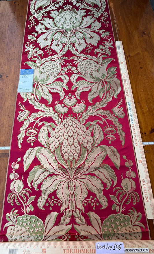 3 Berkbox106 58" x 21.5" Scalamandre Tassinari & Chatel Les Ananas in Cramoisi Red Historical Silk Lampas Pineapple Neoclassical