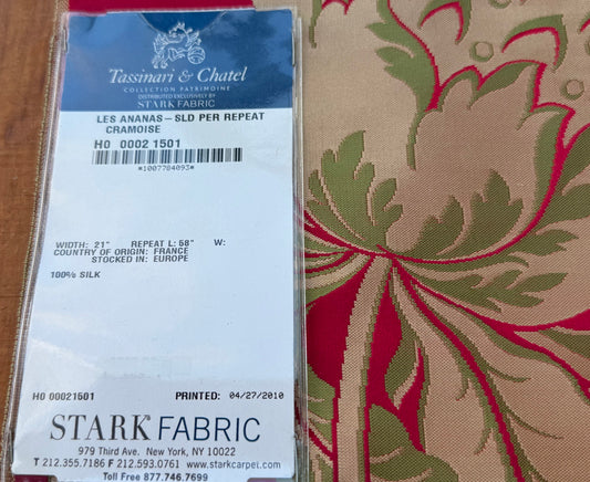 3 Berkbox106 58" x 21.5" Scalamandre Tassinari & Chatel Les Ananas in Cramoisi Red Historical Silk Lampas Pineapple Neoclassical