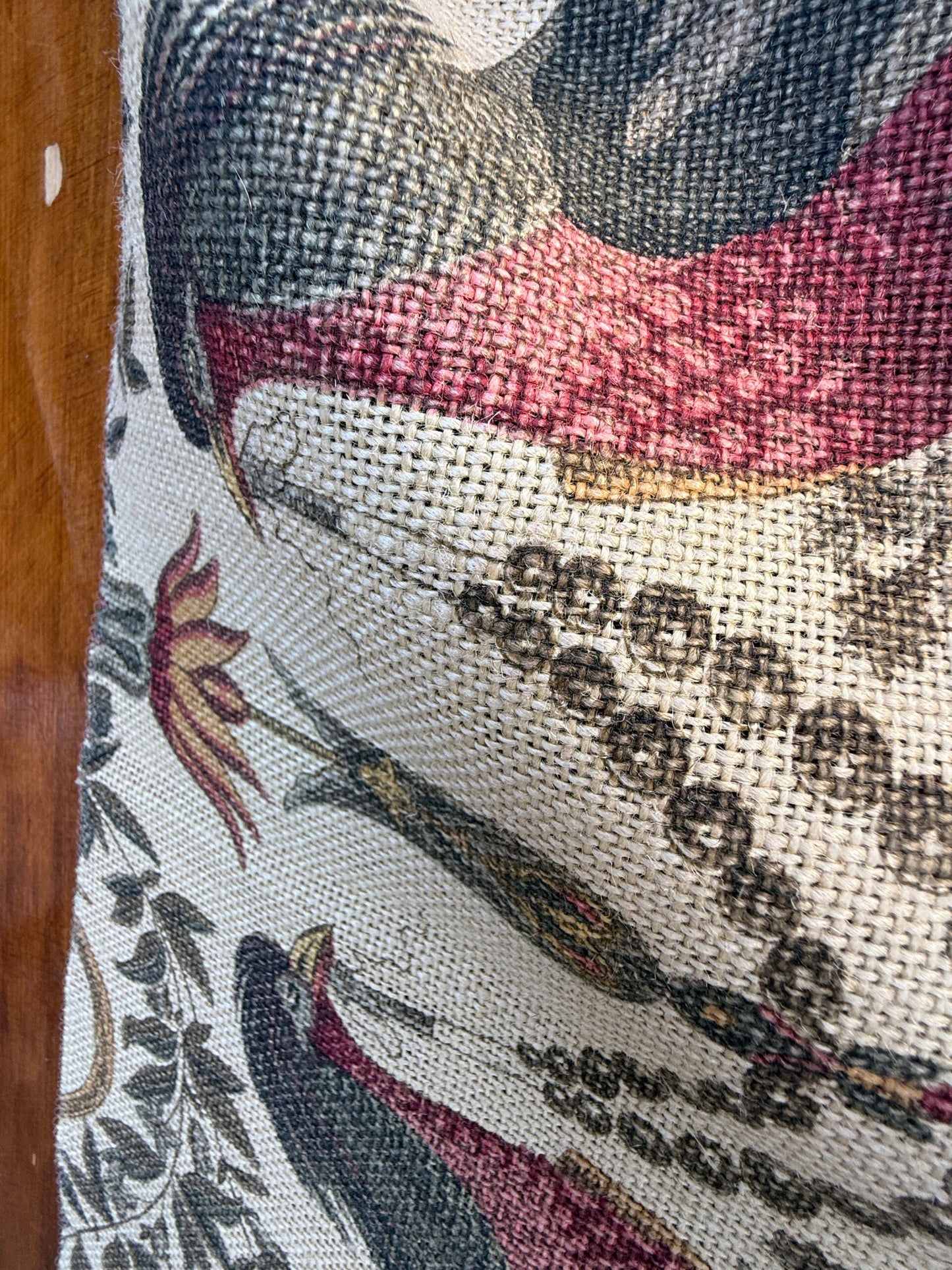 22 Berkbox106 18" x 18" Square Scalamandre Jute Fabric Rose Brown Red Green Historical Birds Floral MSRP USD 300+/y