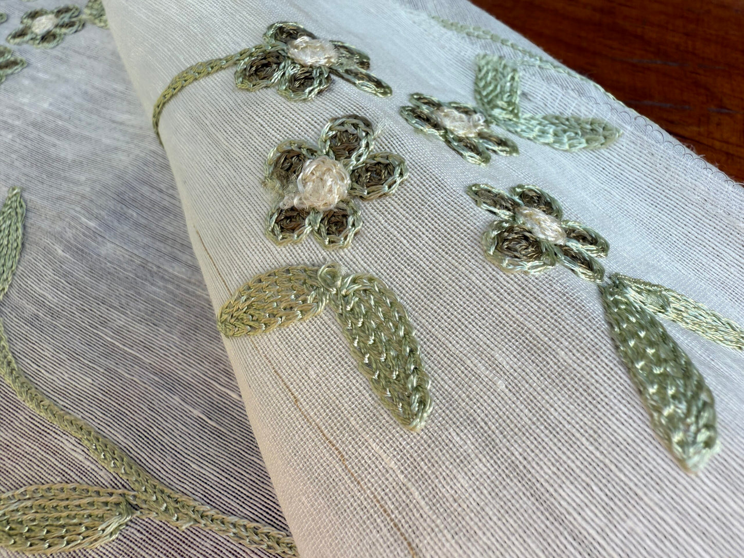 40 Berkbox106 17" x 17" Square Scalamandre Nirali Endive Dreamy Silk Linen Sheer with Embroidery Green on White Floral Silk Linen MSRP USD 238/y