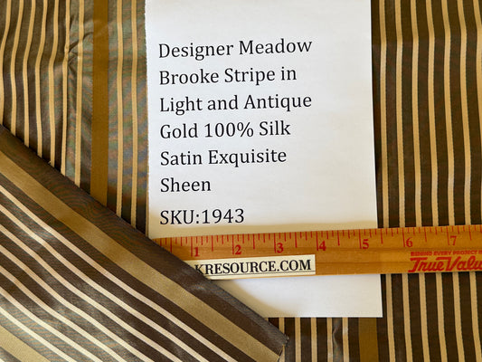 Designer Meadow Brooke Stripe in Chocolate Brown Light and Antique Gold 100% Silk Satin