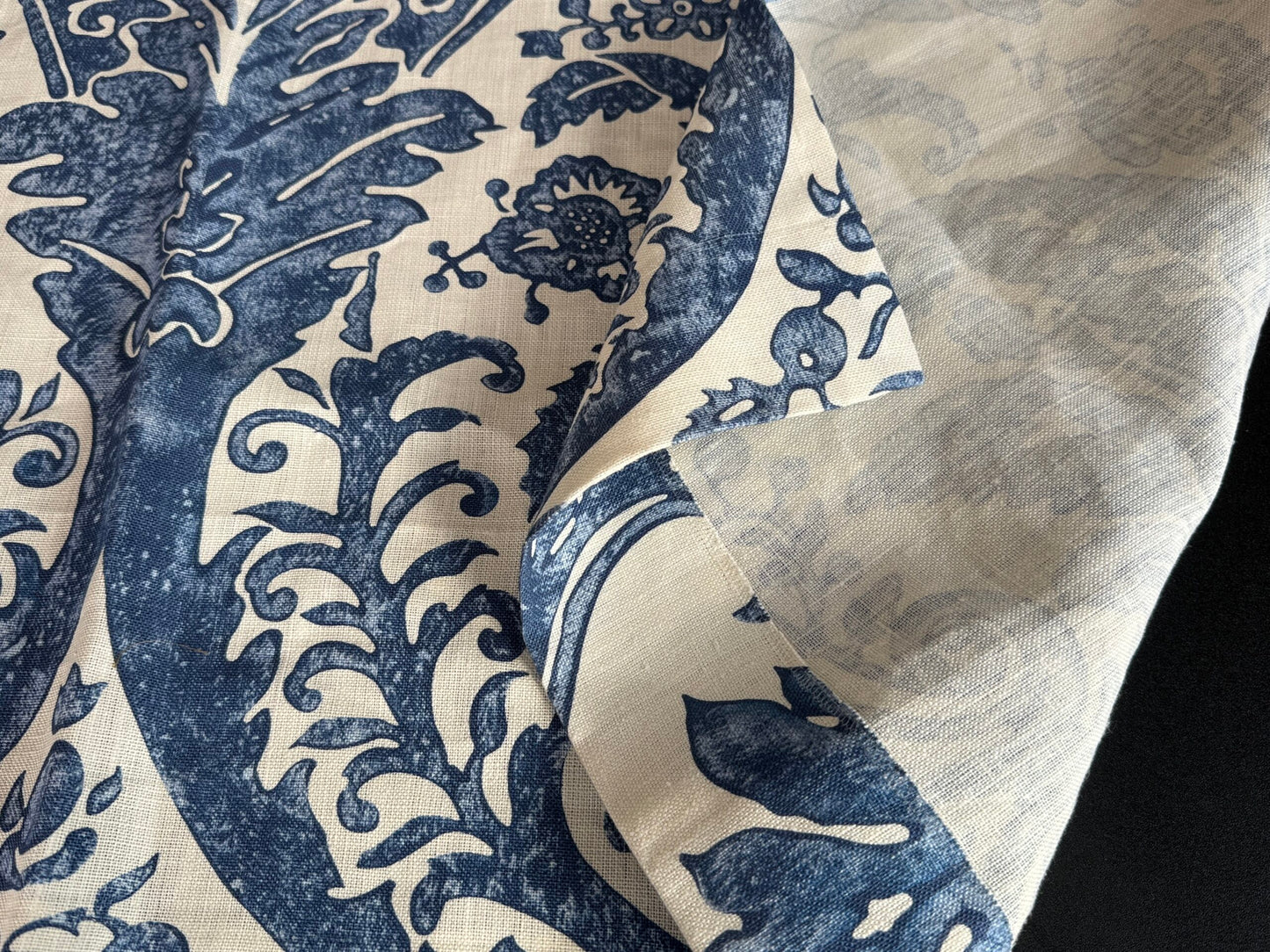 4 Berkbox107 1.2yards Scalamandre Luciana Damask Linen Print Denim Print Blue White MSRP USD 346/y