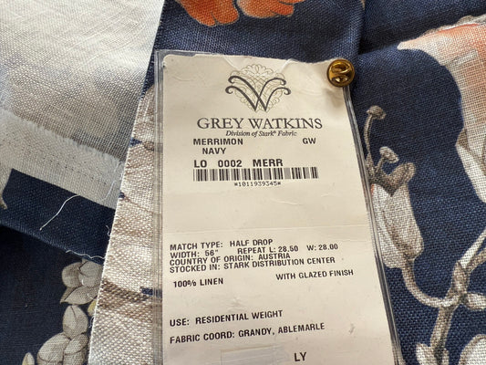 8 Berkbox107 1.2yards Scalamandre Grey Watkins Merrimon Navy Blue Linen Floral 100% Linen with Glazed finish MSRP 346/y