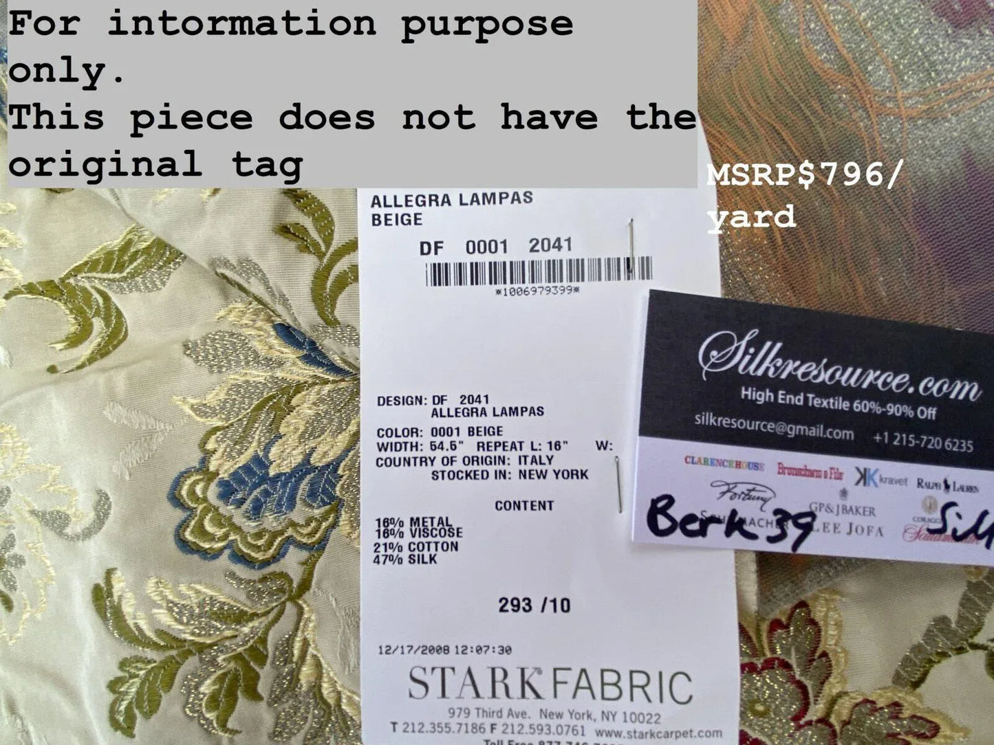 11b Berkbox39 Tassinari & Chatel Scalamandre Allegra Beige Silk Metal Brocade MSRP USD 796/Yard