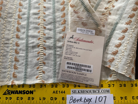 10 Berkbox107 1.25yards Scalamandre Senwick Stripe Caramel & Aqua Linen Embroidery MSRP USD 398/Y