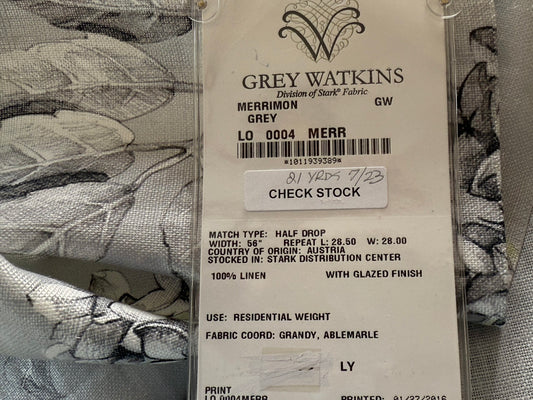 12 Berkbox107 1.2yards Scalamandre Merrimon Grey Linen Floral 100% Linen with Glazed finish MSRP 346/y