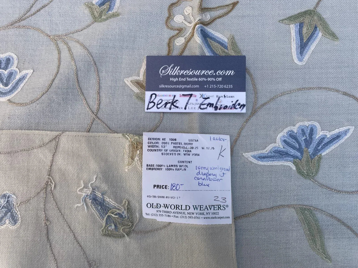 9k Berkbox7 Scalamandre Leen Pastel Ivory Wool Crewel Embroidery MSRP USD 380/Y