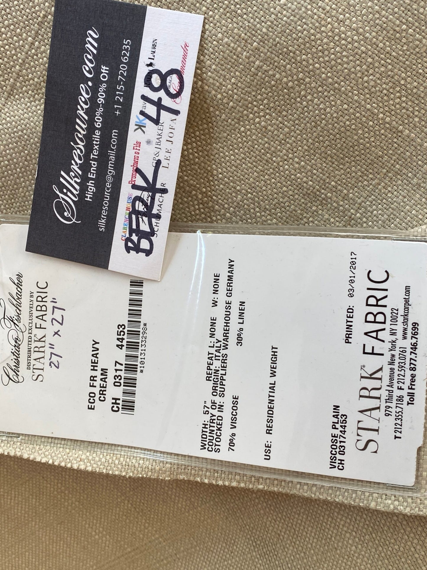 Scalamandre Eco FR Heavy Cream Viscose Plain - 27″x 27″ Square