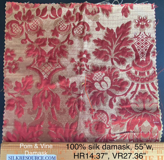 Designer Heritage Vine Pomegrante Silk Renaissance Matelassé Ruby Red Silver Gold 100% silk