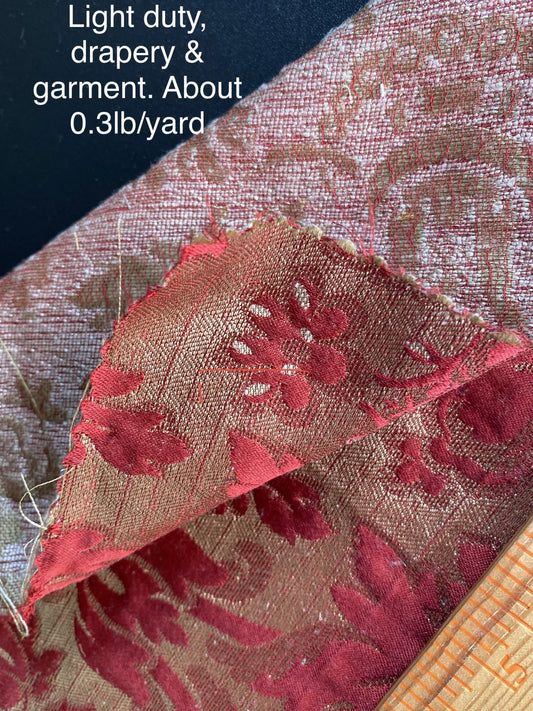 Designer Heritage Vine Pomegrante Silk Renaissance Matelassé Ruby Red Silver Gold 100% silk