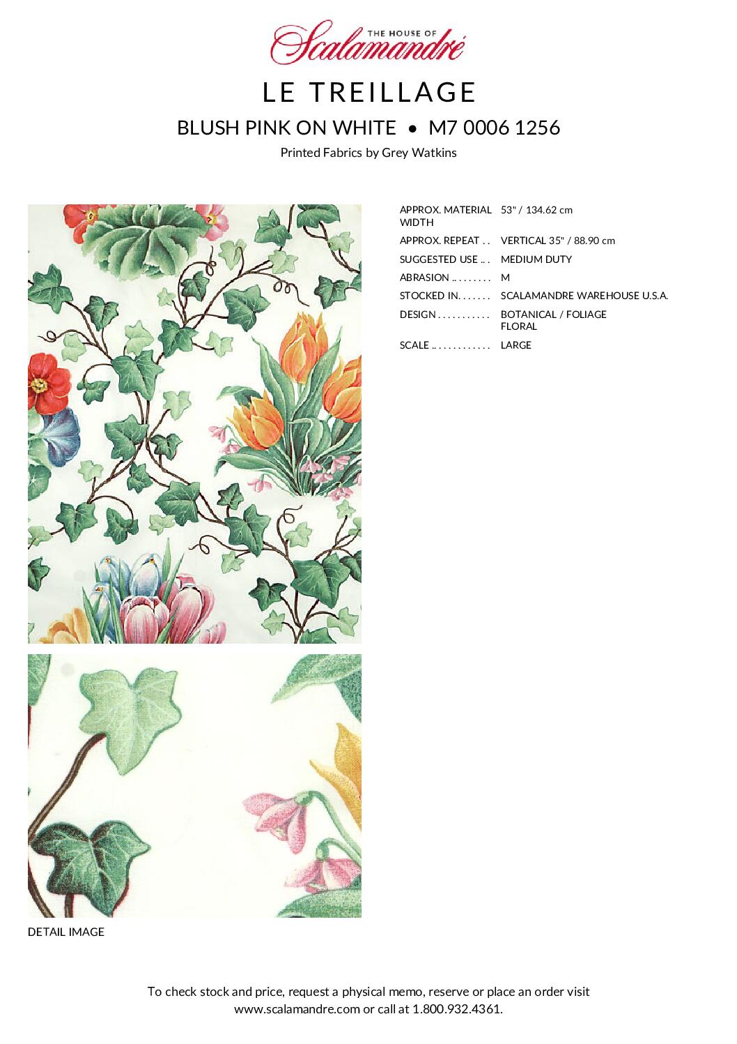 Scalamandre Grey Watkins Le Treillage Blush Pink on White Spring Garden Trellis Tulip Rose Crocus Boston Ivy MSRP USD 204/y