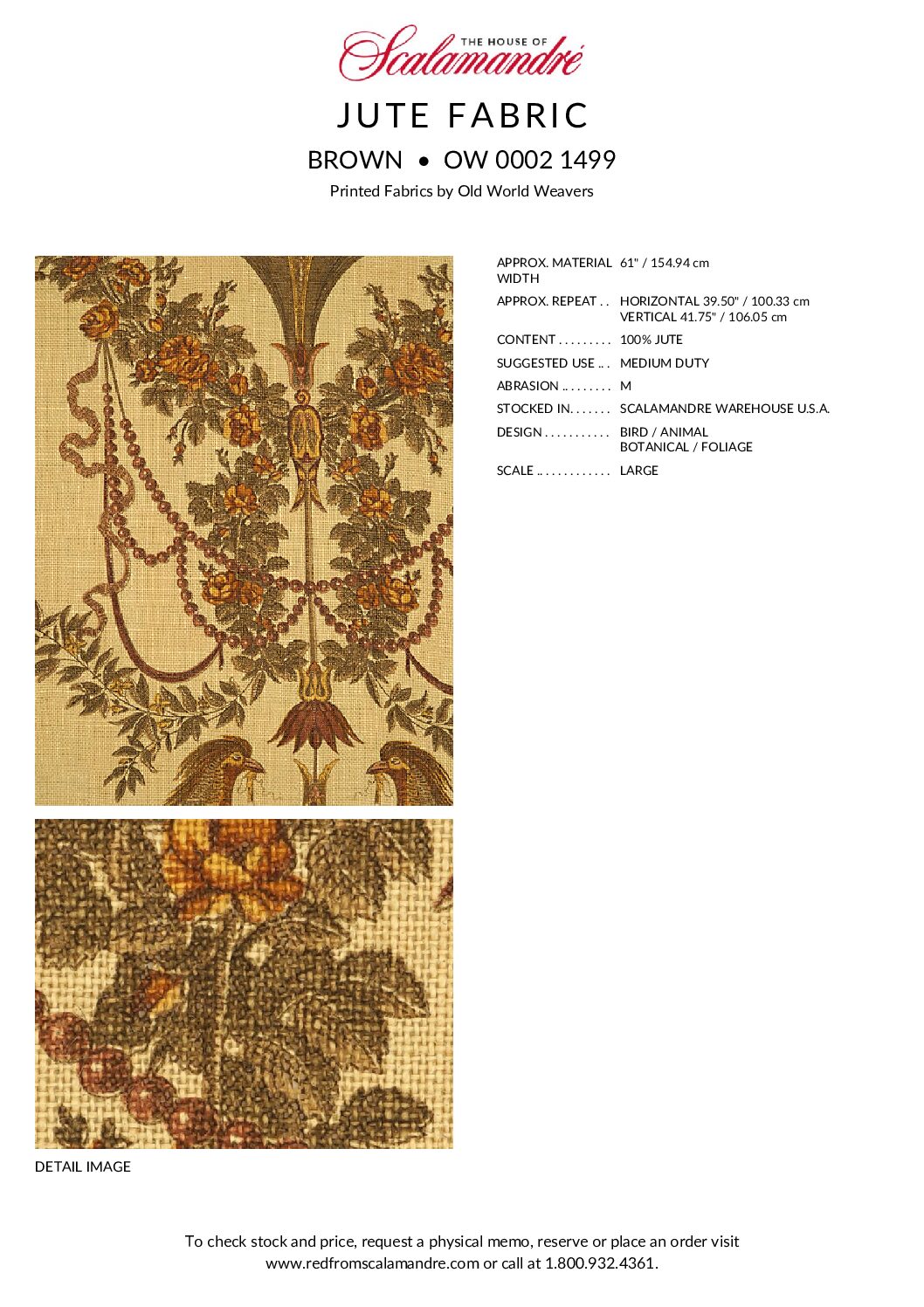 By VR Scalamandre Jute Fabric Brown Gold Historical Birds of Paradise Floral Block Print by Hand MSRP USD 300+/y