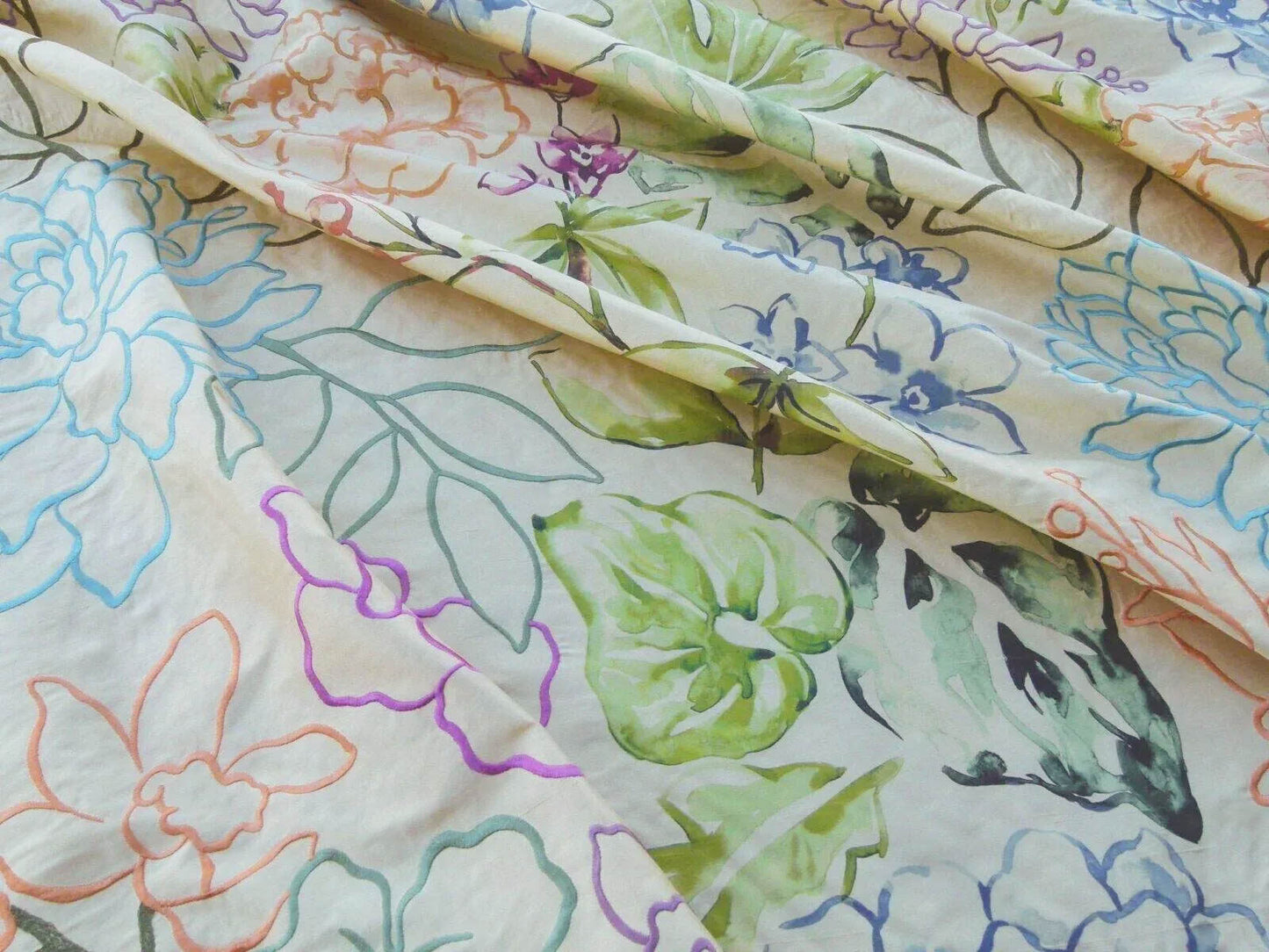 Scalamandre Fantasy Garden "apricot" Blues Cream Purple Green Pink Silk Print Embroidery MSRP USD 342/Y