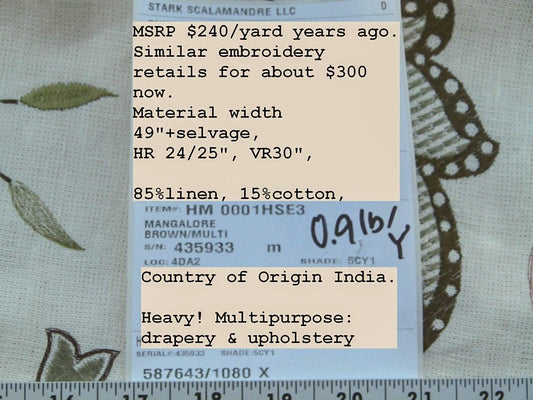 By Yard Scalamandre Mangalore Brown/multi Red Orange Mustard Gold Pomegranate Tulip Embroidery On Linen Heavy! MSRP USD 240/Y
