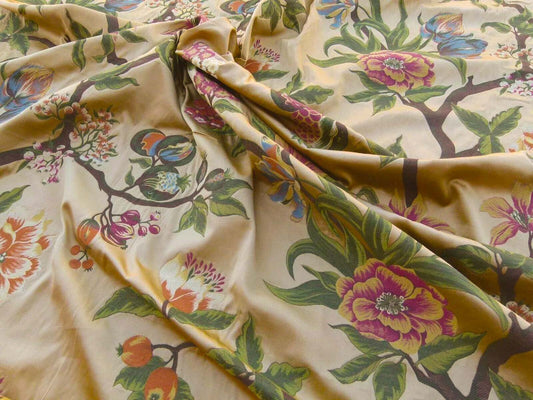 Scalamandre Frida Gold On Multi Vibrant Mexican Floral & Fruits Frida Kahlo Old World Weavers Flower Lampas MSRP USD 546/y