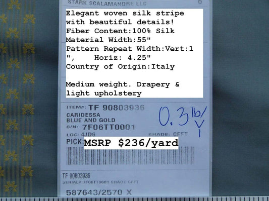 By Yard Scalamandre Caridessa Blue And Gold Yellow Stripe Melodic Silk Jacquard MSRP USD 236/Y