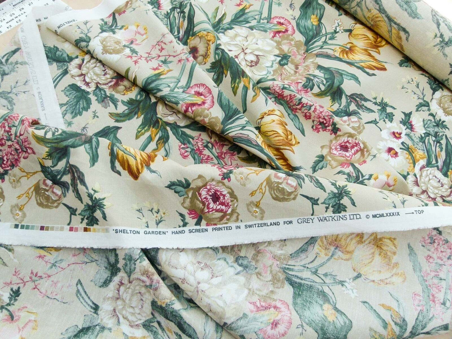 Scalamandre Shelton Garden In Oyster Spring Tulip Peony Hyacinths Lilac Flowers Linen Print Grey Watkins MSRP USD 440/yard Old World Weavers