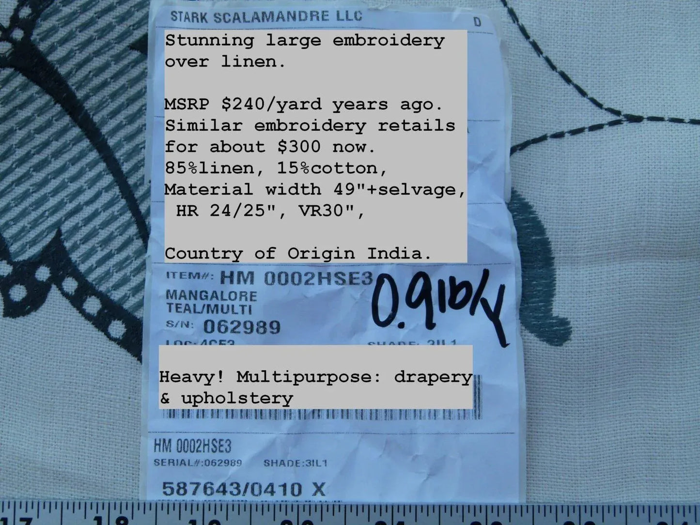 1.5y Scalamandre Mangalore Teal Multi Blue Orange Red On White Embroidery Crewel Linen MSRP USD 240/Y Old World Weavers