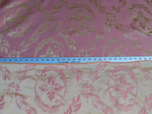 Scalamandre Navonna Shrimp Pink Gold Neoclassical Silk Lampas Medallion Crest MSRP USD 444/yard Old World Weavers