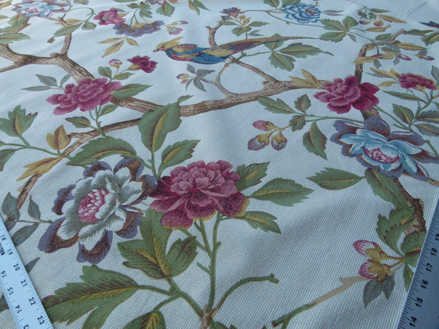 Scalamandre Faisan Putty Flower Tree Peony Bird Chinoiserie Chenille Stripe Print MSRP USD 400/yard