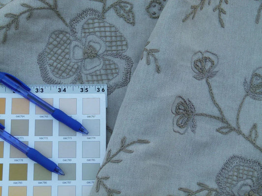 Scalamandre Kamala Taupe Embroidery Linen Heavy Grey Natural Old World Weavers Heirloom Hand Made MSRP USD 364/Y