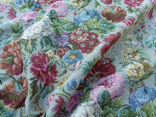 Scalamandre Veronica Taupe Rembrandt Rose Carnation Bouquet Red Green Pink Blue Old World Weavers Traditional Flower Tapestry MSRP USD 188