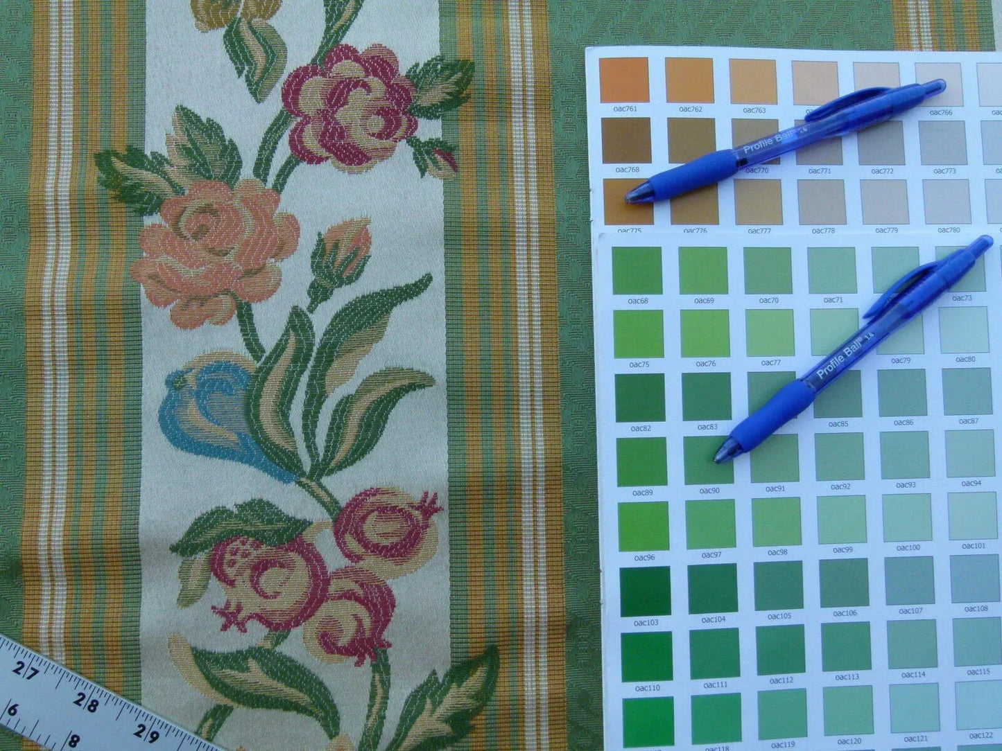 Scalamandre Salerno Green Grey Watkins Floral Pomegranate Pear Rose Stripe MSRP USD 152/Y