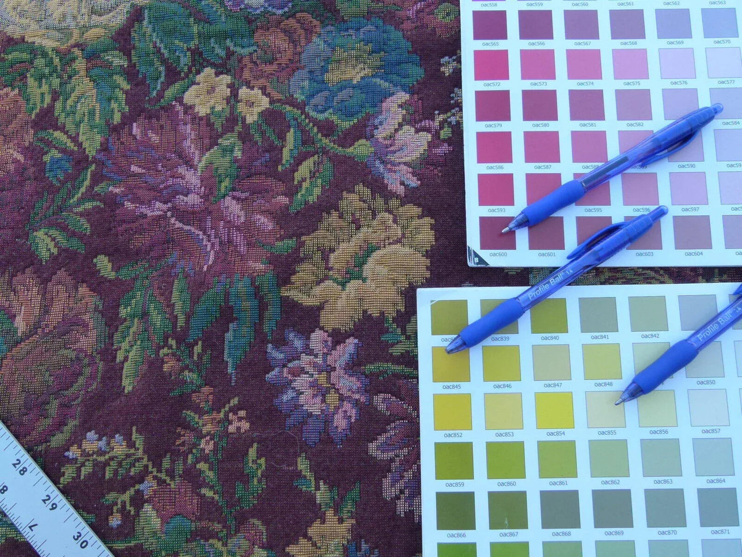 Scalamandre Veronica Wine Red Rembrandt Rose Carnation Bouquet Red Green Pink Blue Old World Weavers Traditional Flower Tapestry MSRP USD 188