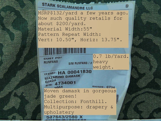 Scalamandre Mazarino Damask Giada Green Jade Cotton Fonthill MSRP USD 132 Heavy Fonthill