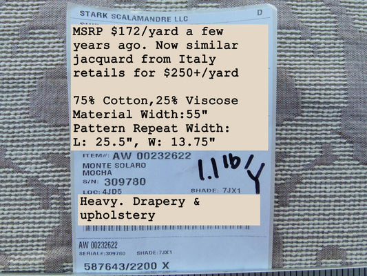 By Yard Scalamandre Old World Weavers Monte Solaro Mocha Beige Brown Tint of Pink Cotton Jacquard Reversible MSRP USD 172/Y