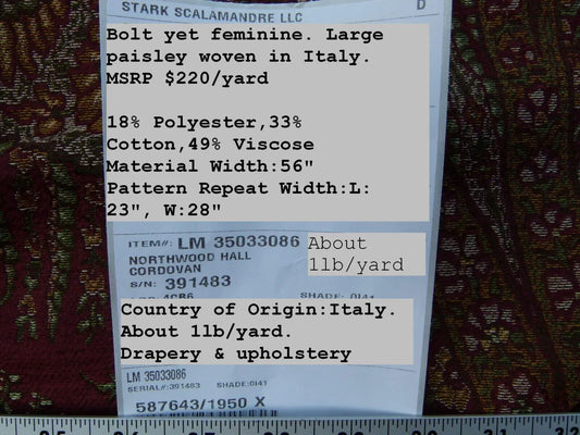 Scalamandre Northwood Hall Cordovan Paisley Damask Red Pink Rose Old World Weavers Woven Paisley MSRP USD 220/Y