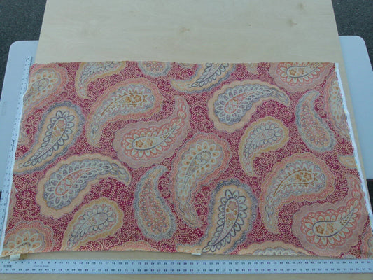 0.9Y Scalamandre Hamadan Blue Red Print Linen Grey Watkins MSRP USD 272/Y Old World Weavers Paisley Print