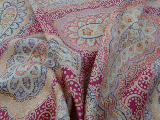 0.9Y Scalamandre Hamadan Blue Red Print Linen Grey Watkins MSRP USD 272/Y Old World Weavers Paisley Print