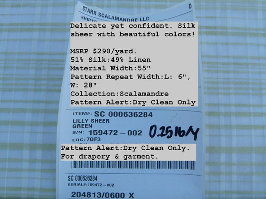 Scalamandre Lilly Sheer Green White Silk Organza Old World Weavers MSRP USD 290/Yard