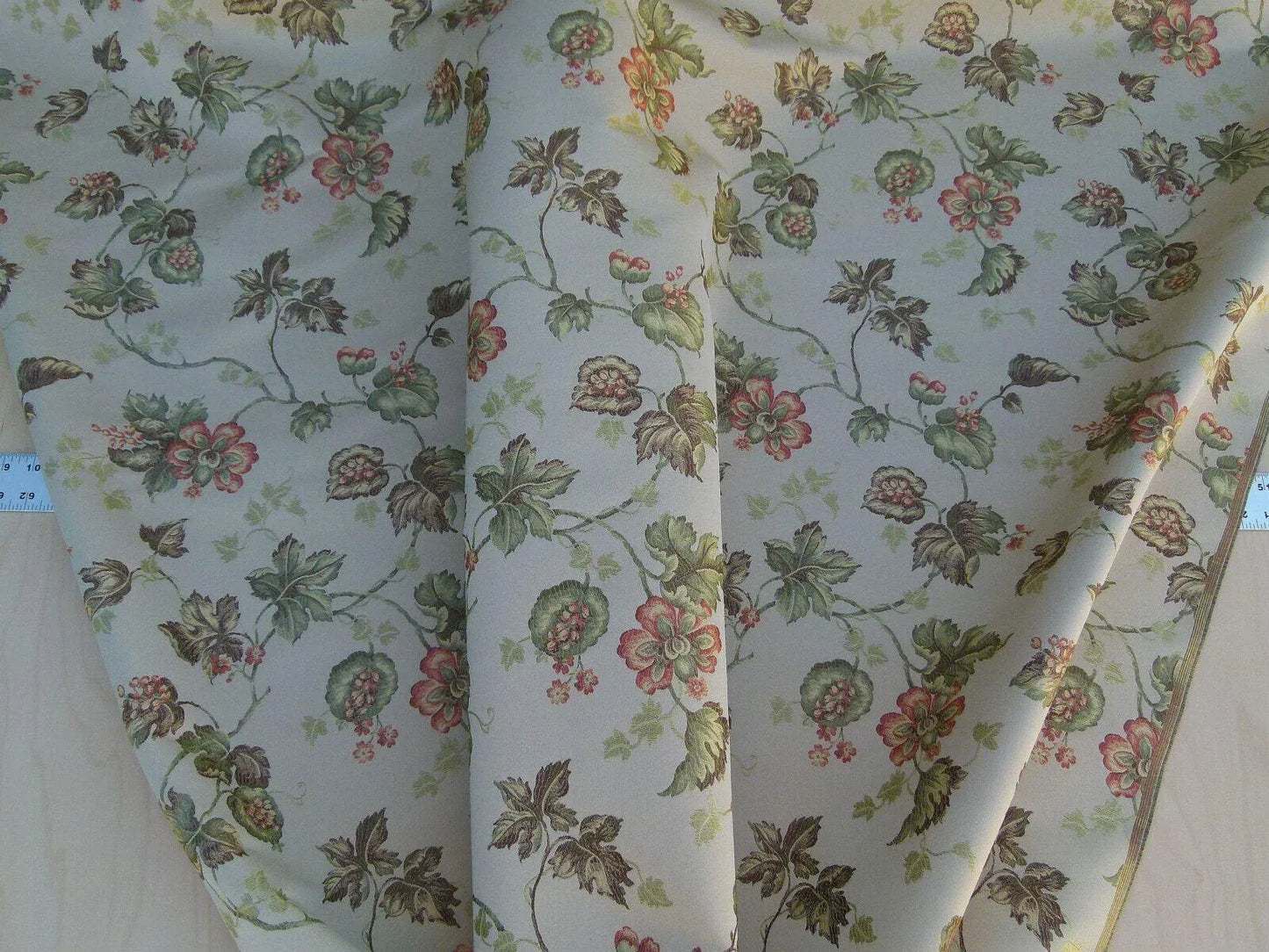 By Yard Scalamandre Lucinda Biscuit Floral Vine Passion Flower Foliage Red Green Old World Weavers MSRP USD 176/Y