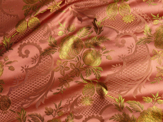 Calico Pom Lampas Mandarin Hiend Pom Rose Lace 100% Silk Lampas "mandarine" Red Crimson Gold French MSRP USD 200+/Y